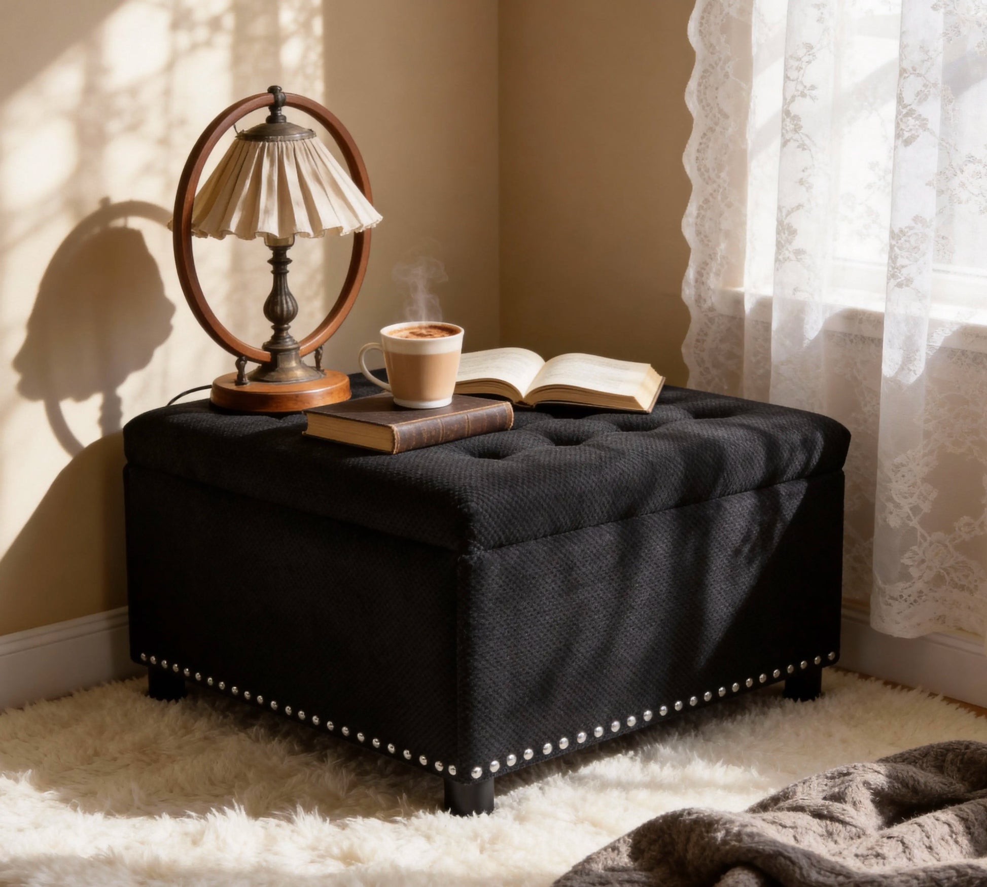 Tufted Square Storage Ottoman with Nailhead Trim