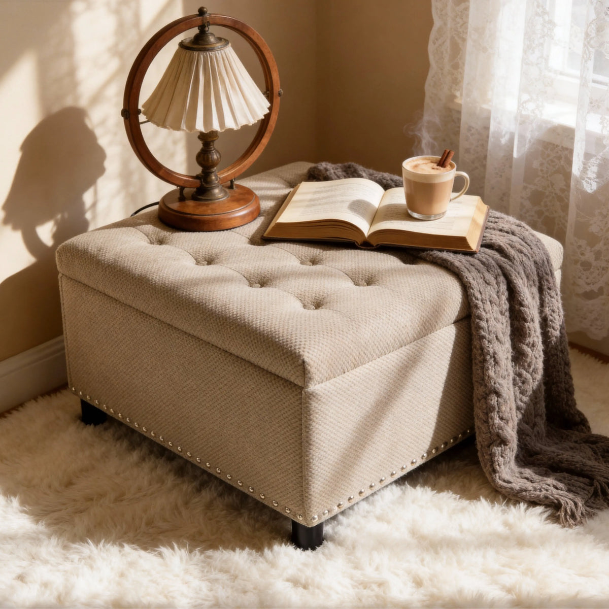 Tufted Square Storage Ottoman with Nailhead Trim