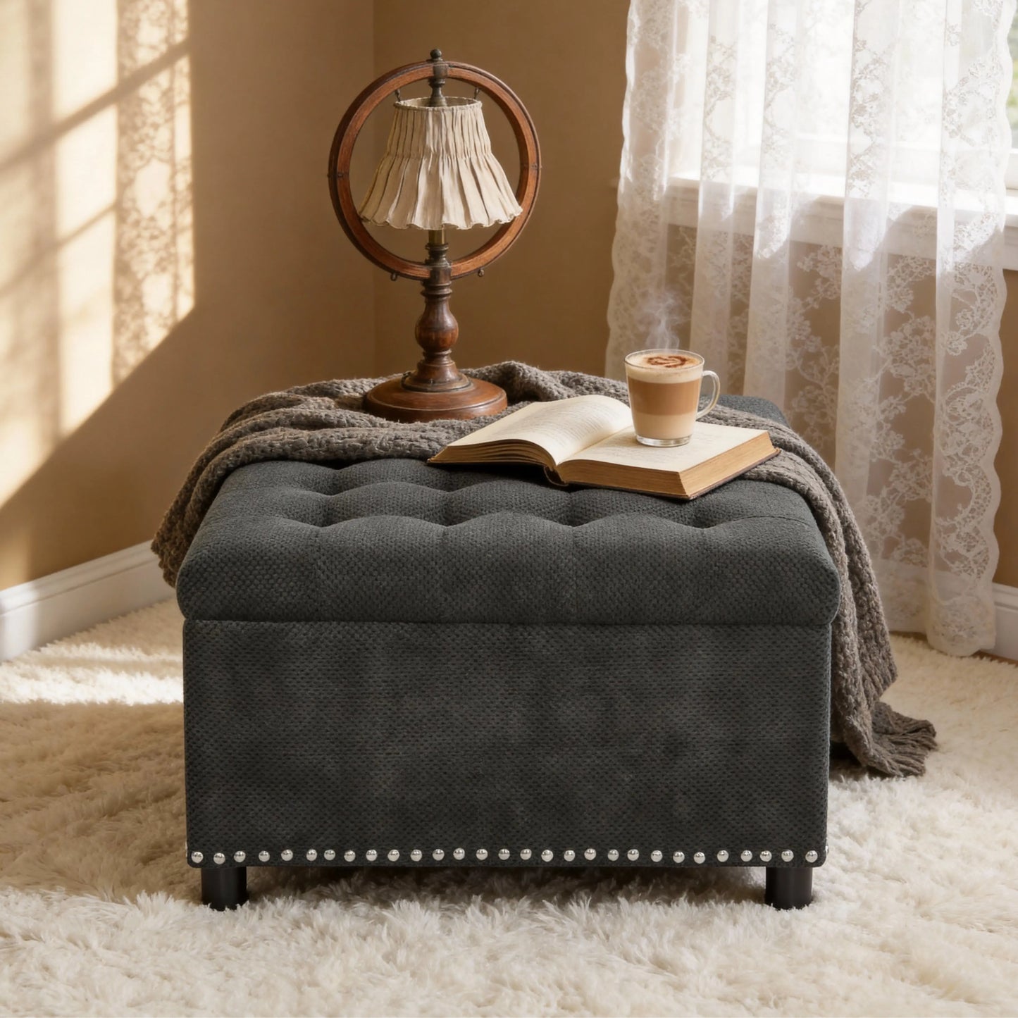 Tufted Square Storage Ottoman with Nailhead Trim