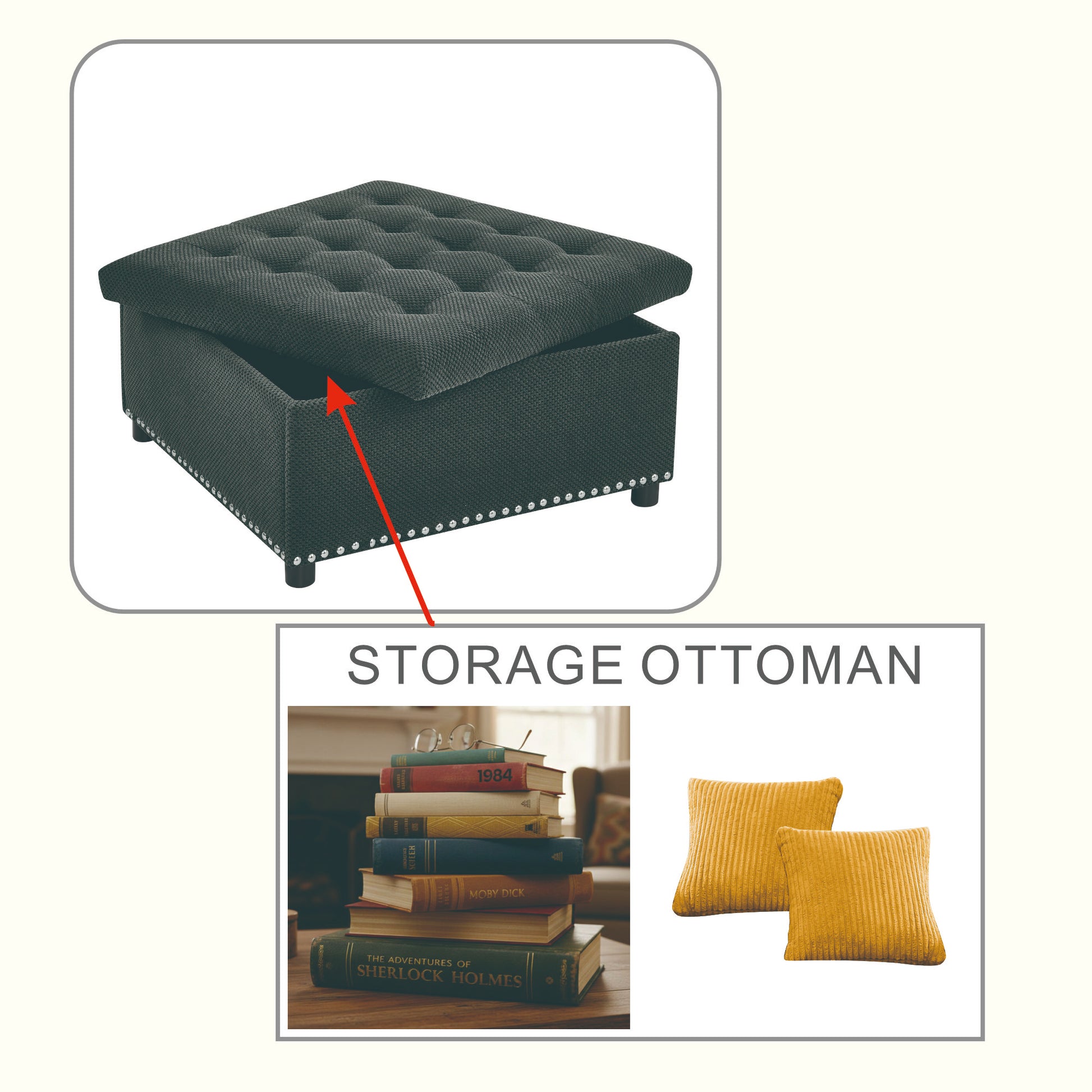 Tufted Square Storage Ottoman with Nailhead Trim