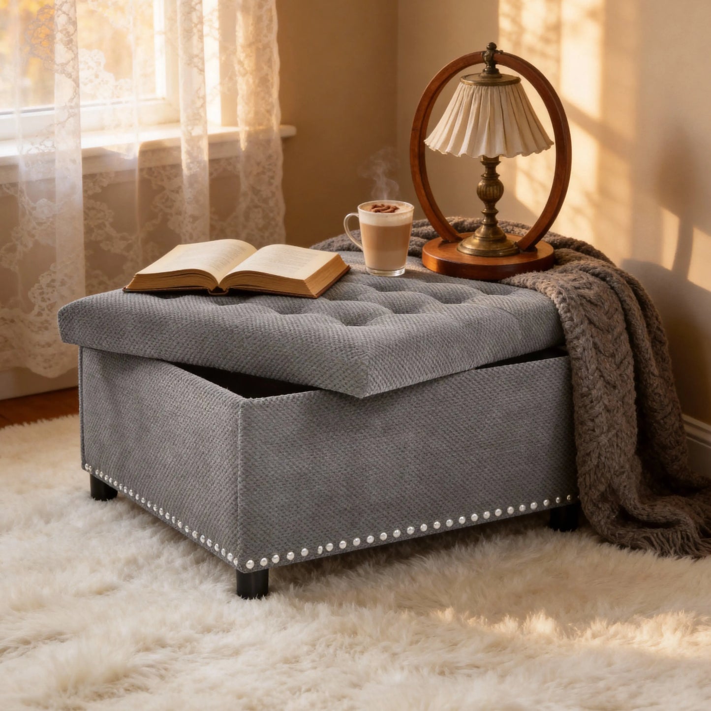 Tufted Square Storage Ottoman with Nailhead Trim