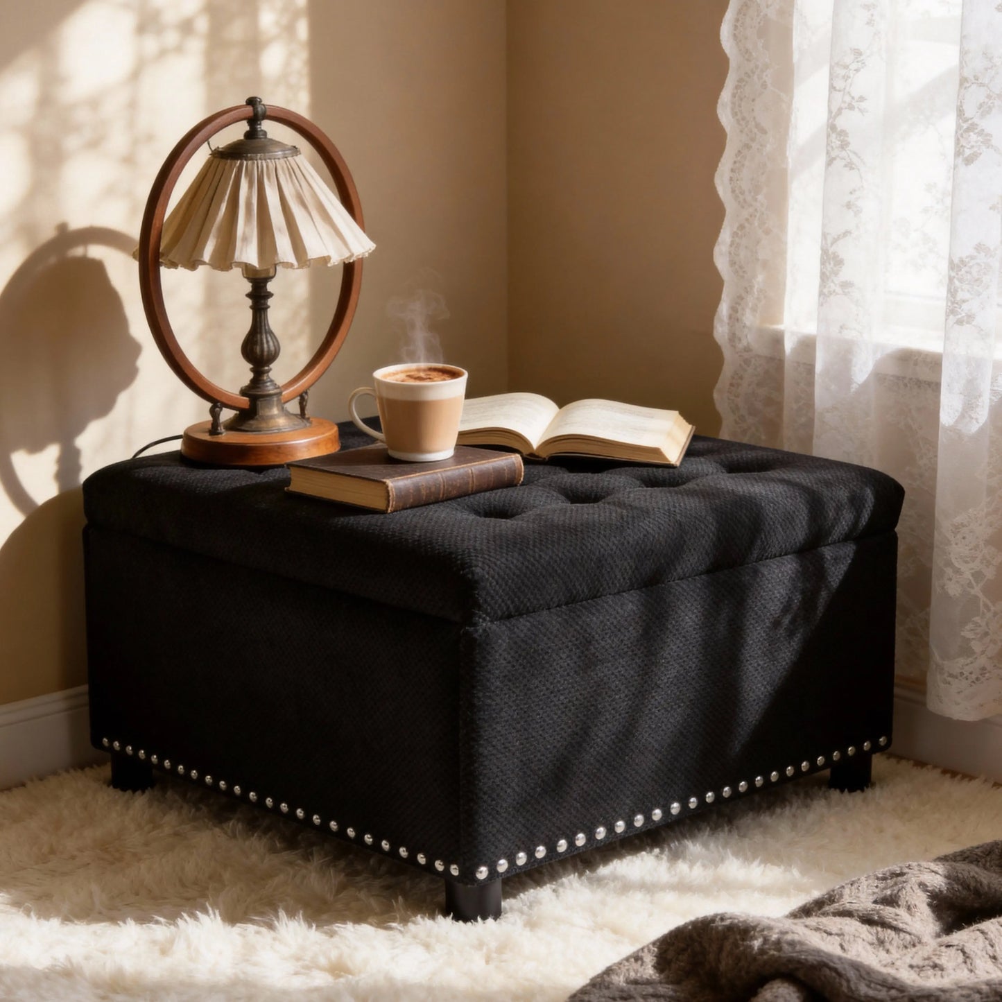 Tufted Square Storage Ottoman with Nailhead Trim