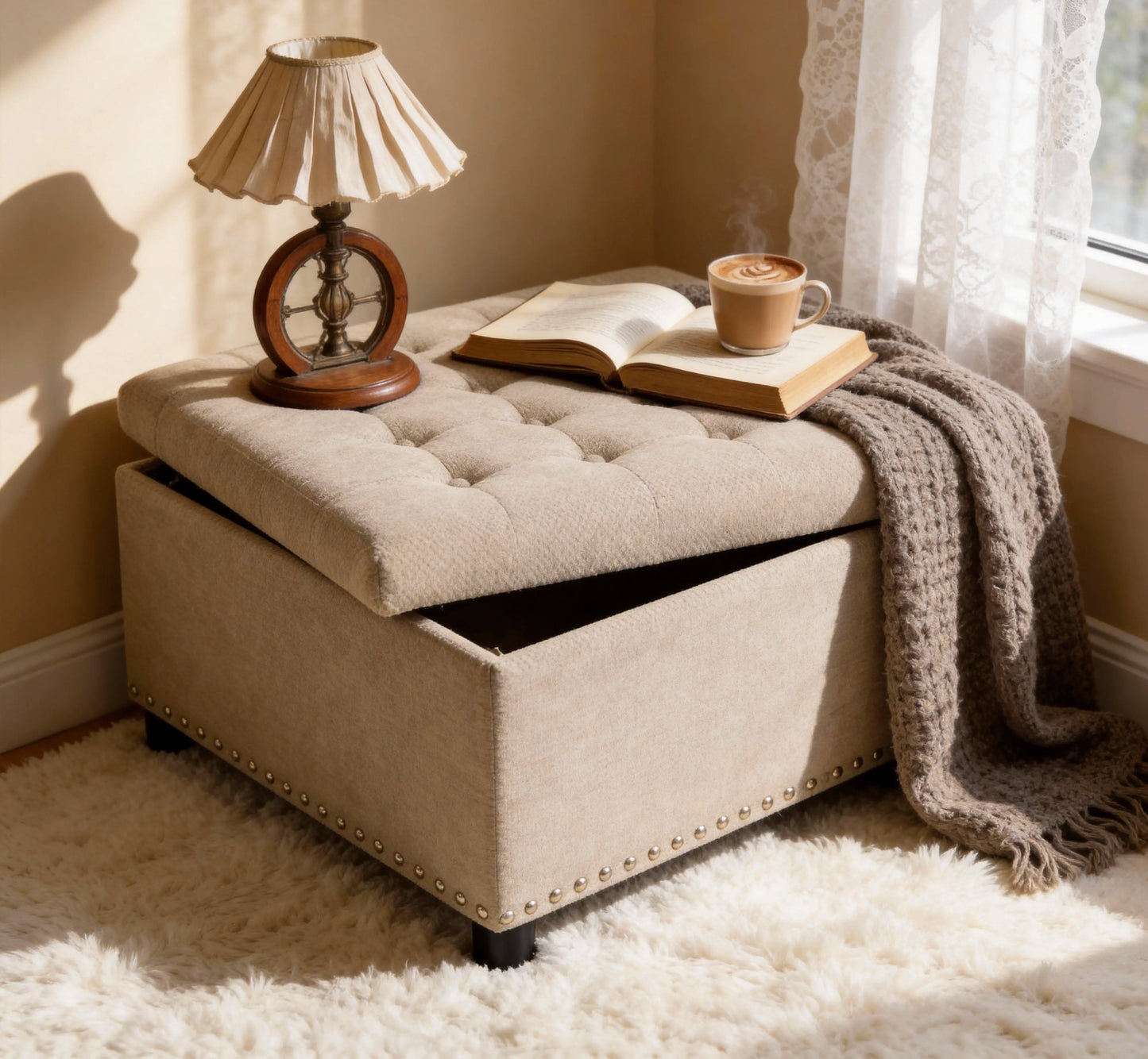 Tufted Square Storage Ottoman with Nailhead Trim