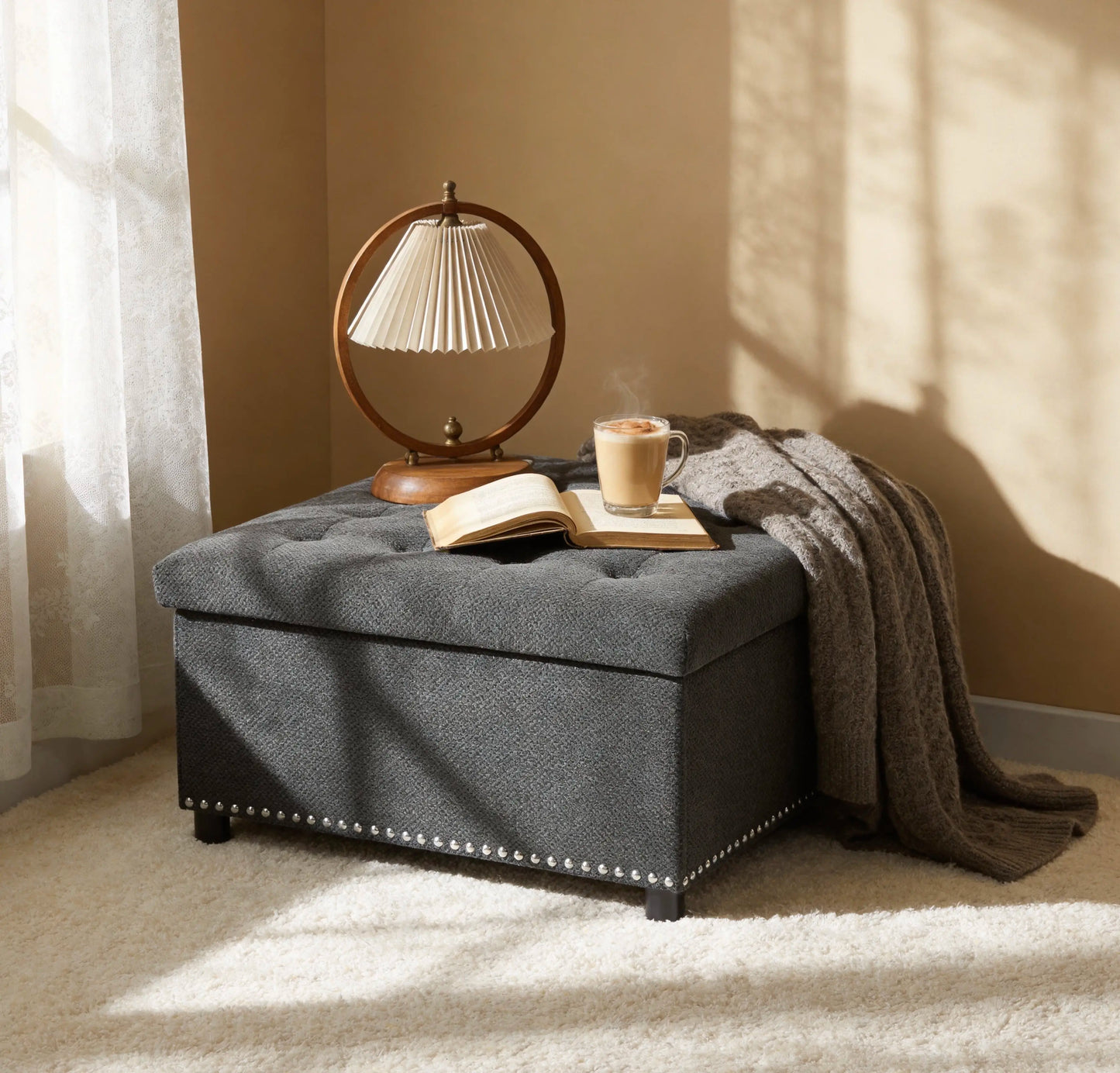 Tufted Square Storage Ottoman with Nailhead Trim