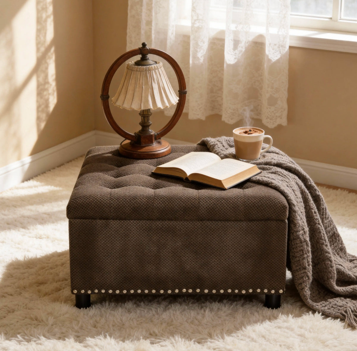 Tufted Square Storage Ottoman with Nailhead Trim